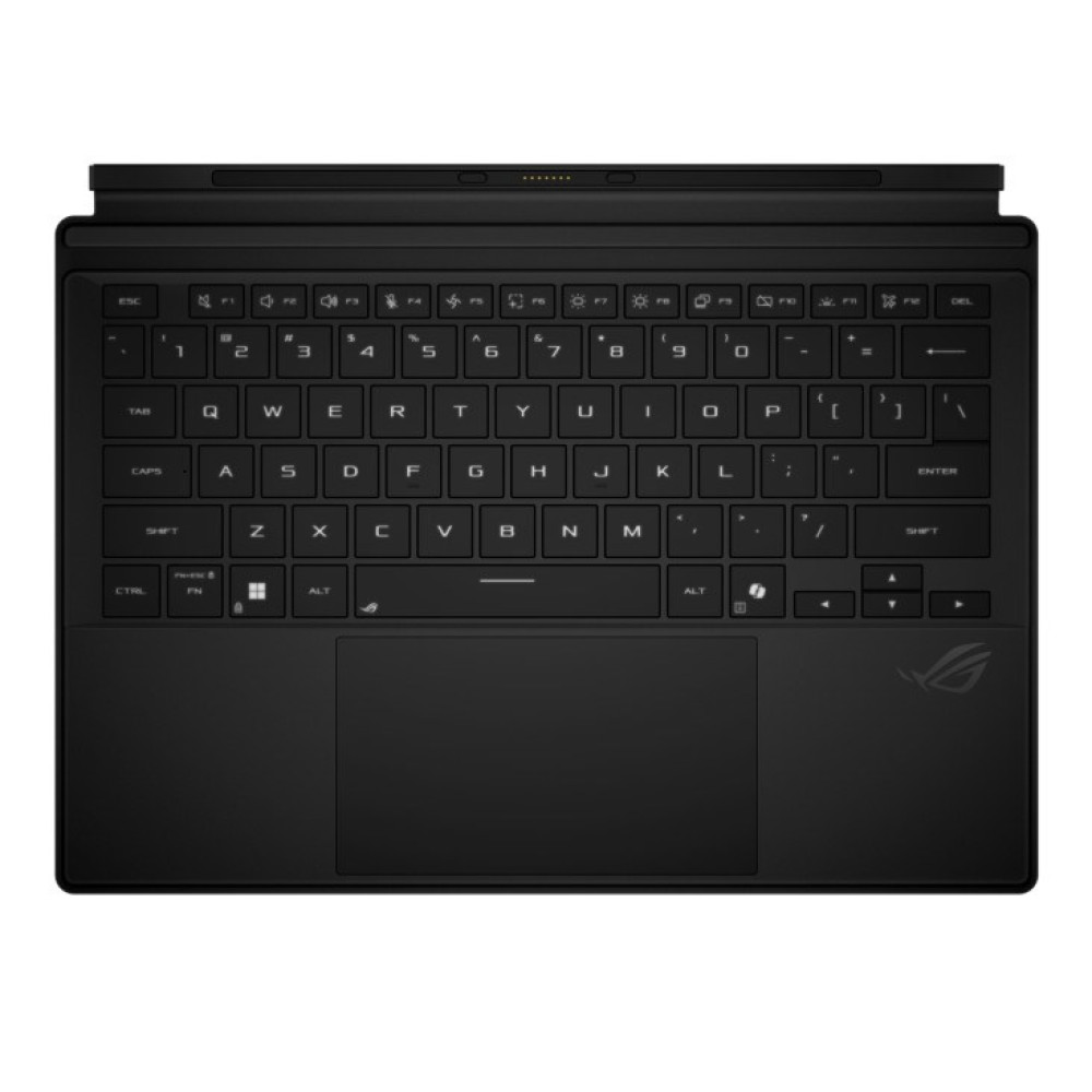Czarna klawiatura z touchpadem i logo ROG. Widok z góry.