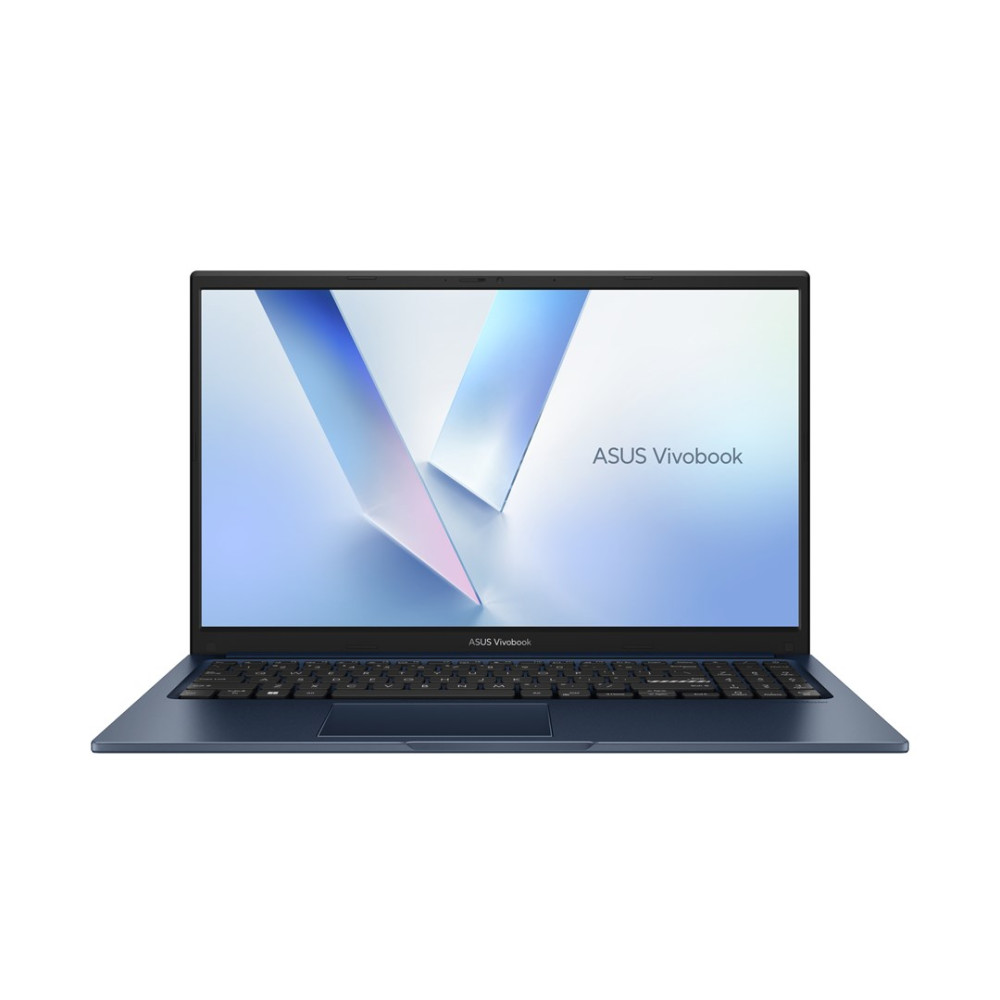 Ciemnoniebieski laptop ASUS Vivobook z podświetlaną klawiaturą i abstrakcyjną tapetą.