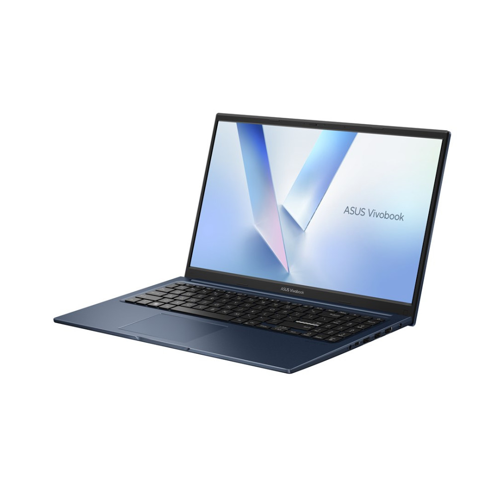 Ciemnoniebieski laptop ASUS Vivobook z podświetlaną klawiaturą i touchpadem.
