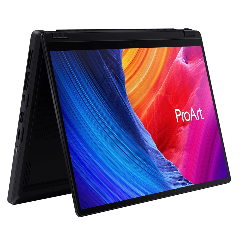 Otwarty czarny laptop wyświetla kolorową tapetę z niebieskimi, różowymi i pomarańczowymi abstrakcyjnymi falami.