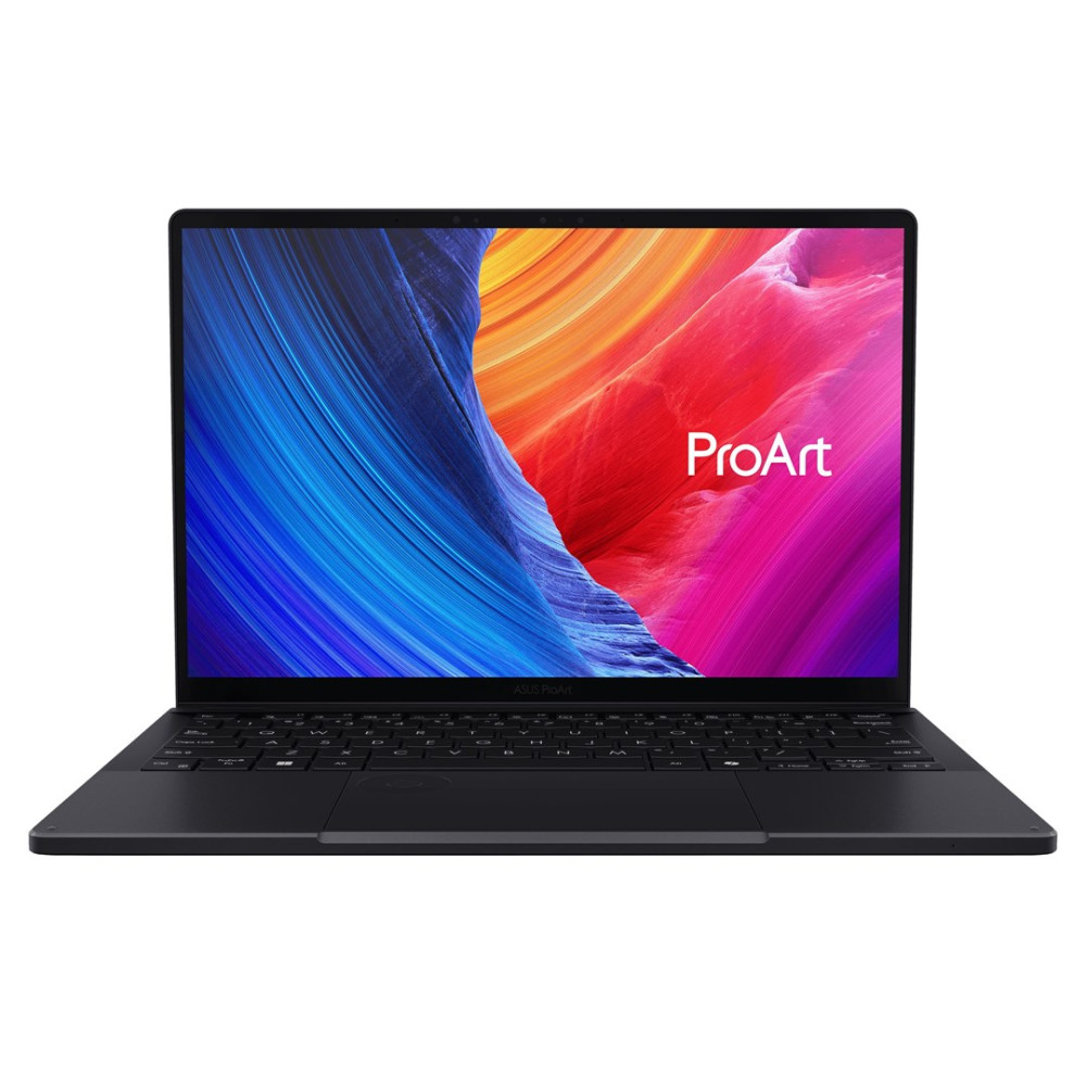 Czarny laptop z kolorowym tłem na ekranie.
