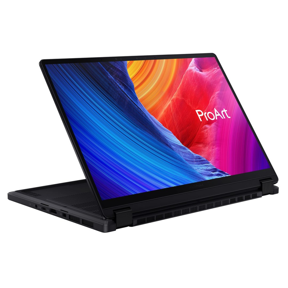 Czarny laptop z otwartym ekranem wyświetlającym kolorowy, abstrakcyjny wzór. Widoczne logo ProArt.