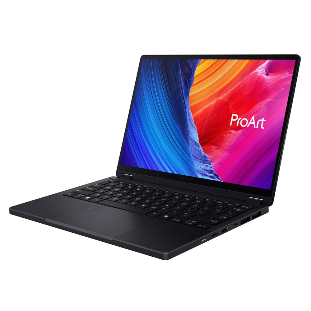Czarny laptop z otwartym ekranem, wyświetlający kolorowy wzór abstrakcyjny.