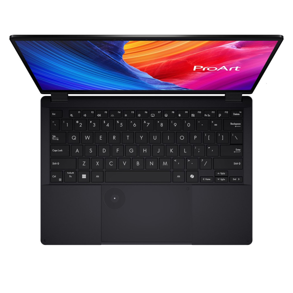 Czarny laptop z otwartym ekranem, wyświetlający kolorowe abstrakcyjne wzory.