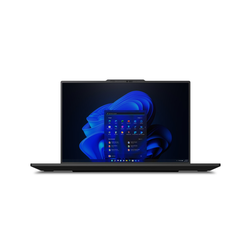 Czarny laptop wyświetlający menu startowe Windows 11 na ciemnym tle.