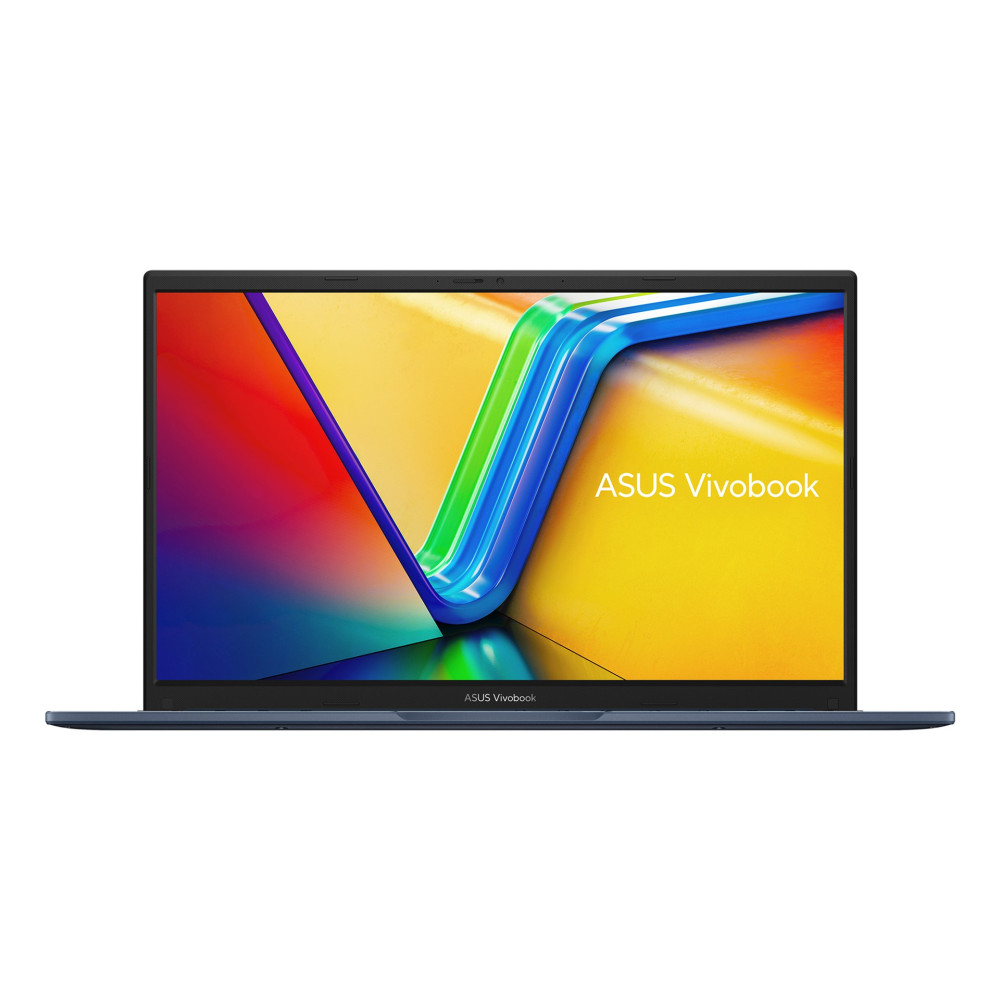 Otwarty niebieski laptop Asus Vivobook z kolorową tapetą na ekranie.