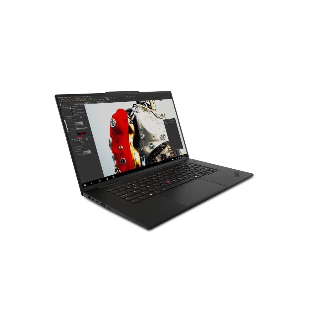 Czarny laptop wyświetlający model robota 3D.