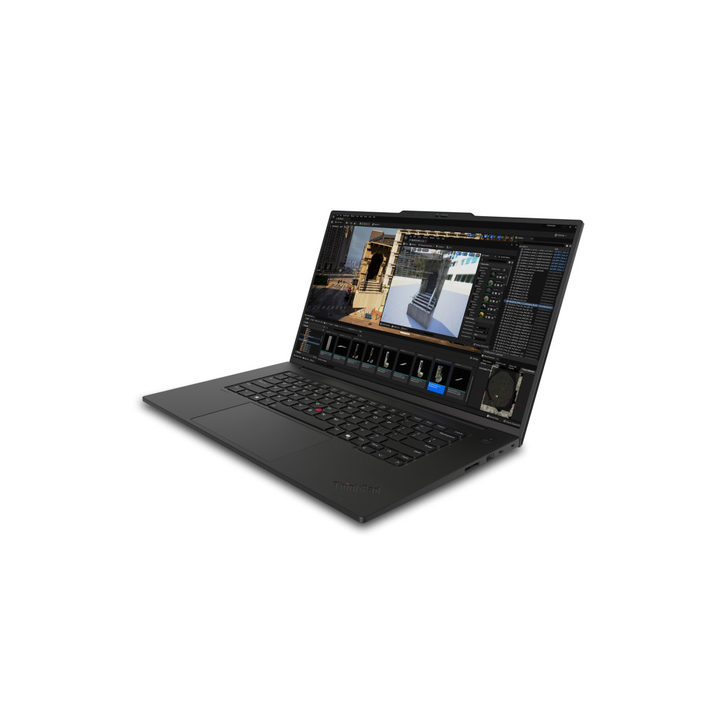 Czarny laptop z otwartym ekranem wyświetlający scenę 3D z budynkami.