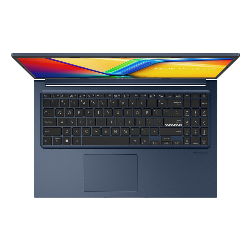 Otwarty ciemnoniebieski laptop z podświetlanym ekranem i klawiaturą.