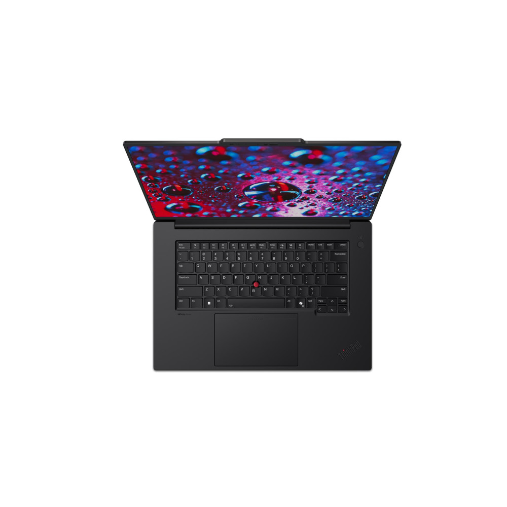 Otwarty czarny laptop, klawiatura i ekran z kolorowymi kroplami wody.