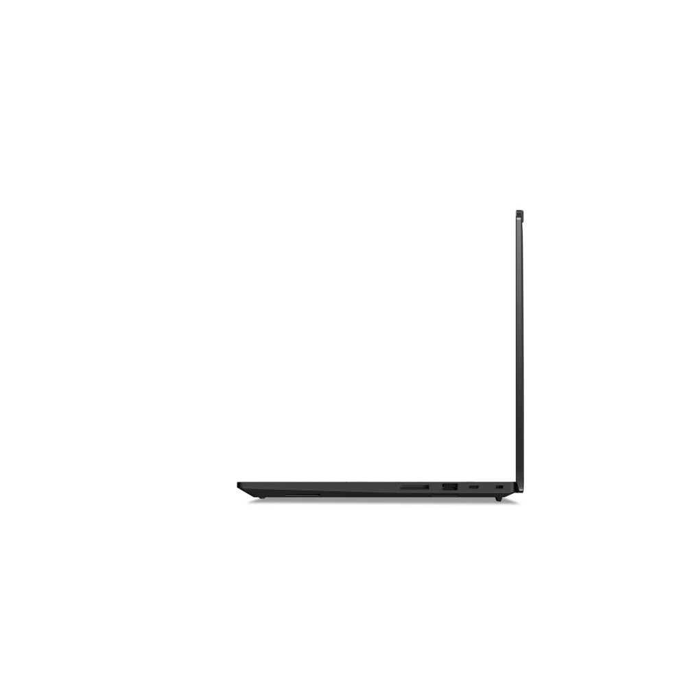 Czarny laptop w profilu na białym tle, widoczne porty po bokach.