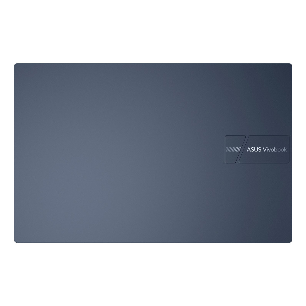 Zamknięty granatowy laptop z logo ASUS Vivobook po prawej.