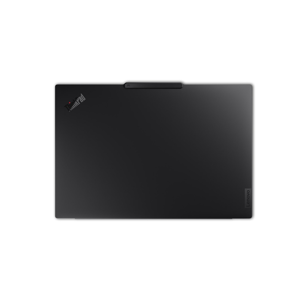 Czarny laptop z logo Thinkpad po lewej i napisem Lenovo po prawej.