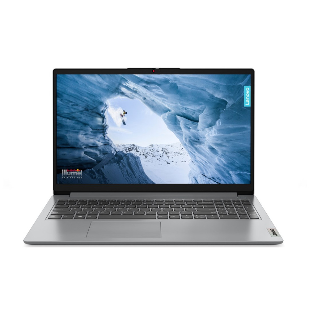Szary laptop Lenovo wyświetla snowboardzistę w jaskini lodowej na ekranie.