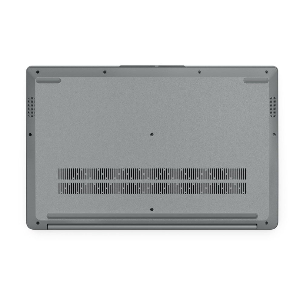 Spód szarego laptopa pokazujący śruby, otwory wentylacyjne i gumowe nóżki.