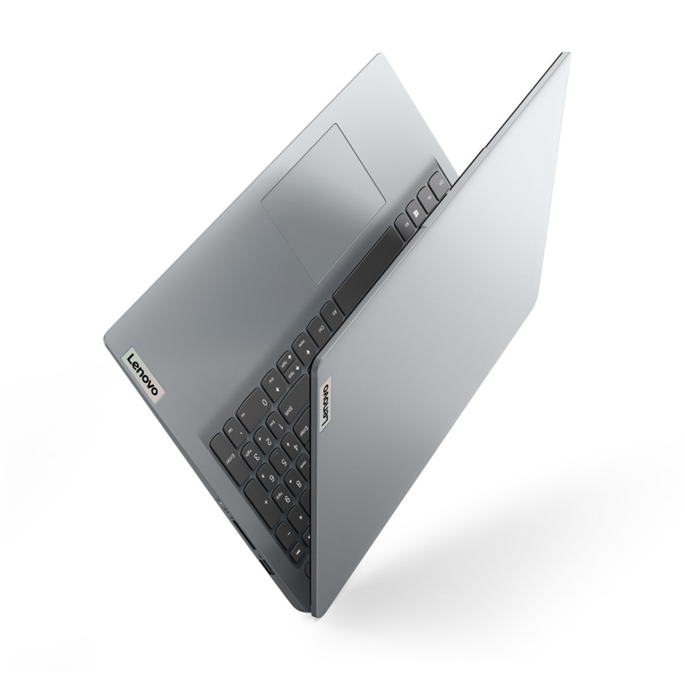 Otwarty, srebrny laptop Lenovo z klawiaturą i touchpadem na białym tle.