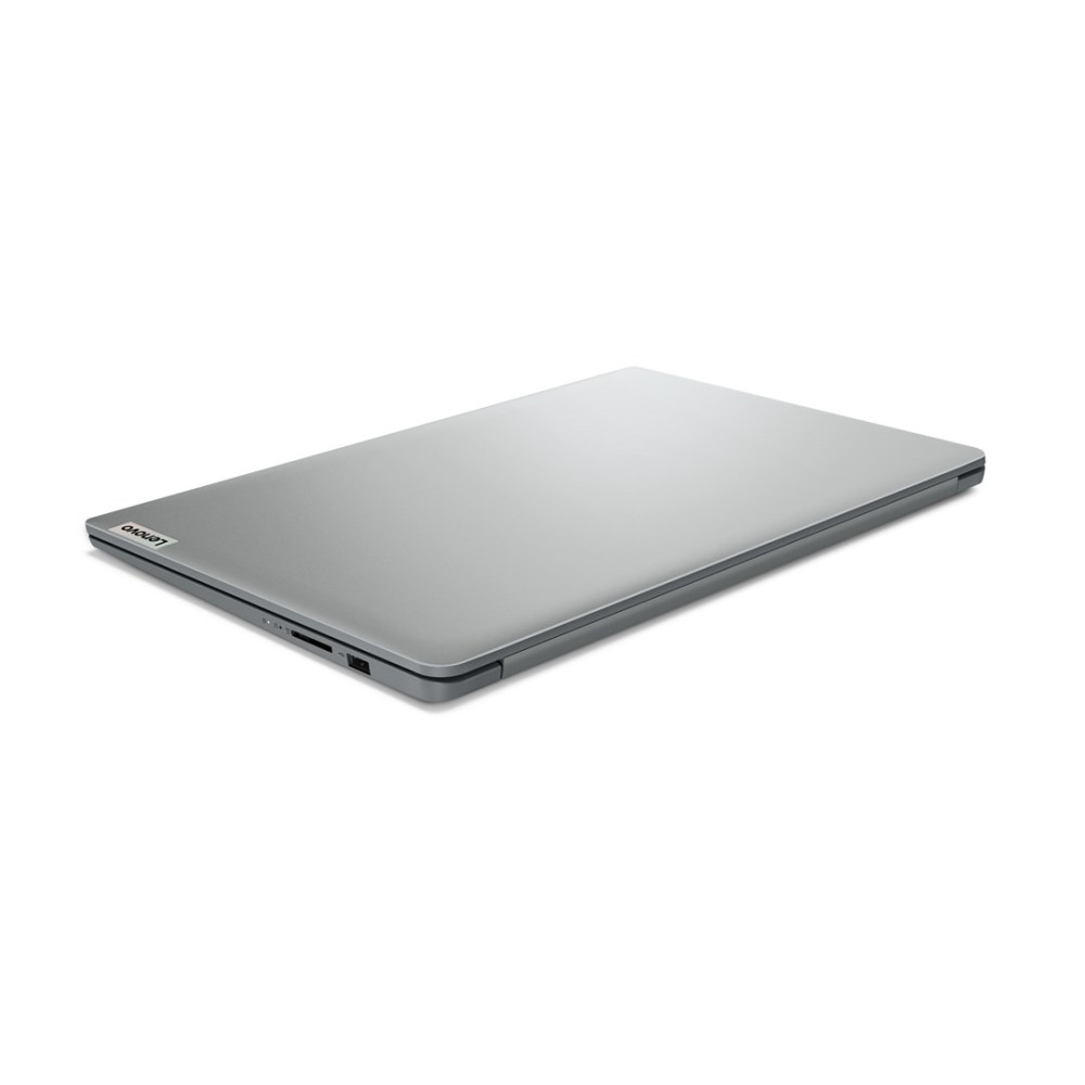 Zamknięty, srebrny laptop Lenovo na białym tle.