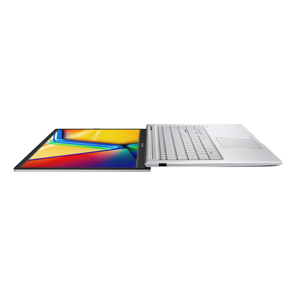 Otwarty, srebrny laptop z kolorowym tłem na ekranie.