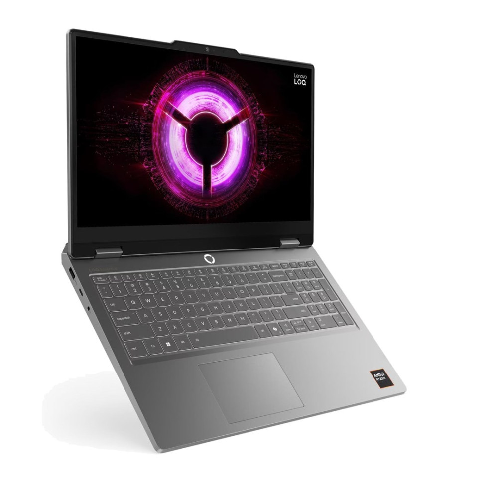 Szary laptop z podświetlaną klawiaturą i fioletową grafiką na ekranie.