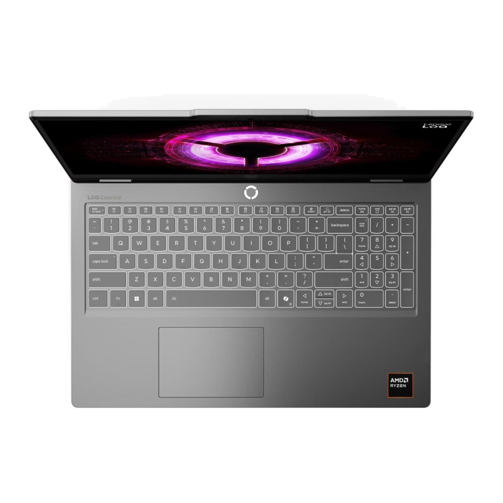 Szary laptop z podświetlaną klawiaturą i różową grafiką na ekranie.