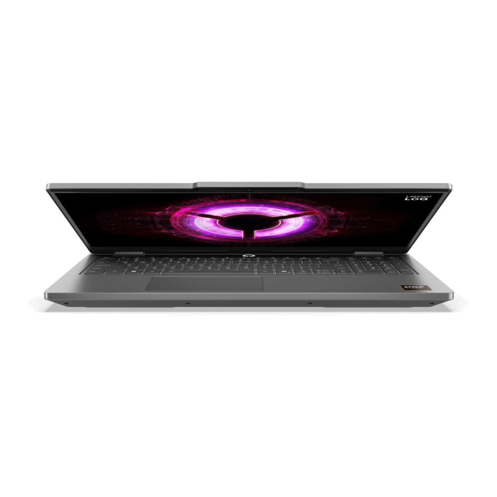Szary laptop gamingowy Lenovo jest otwarty, pokazując na ekranie fioletową, okrągłą grafikę.