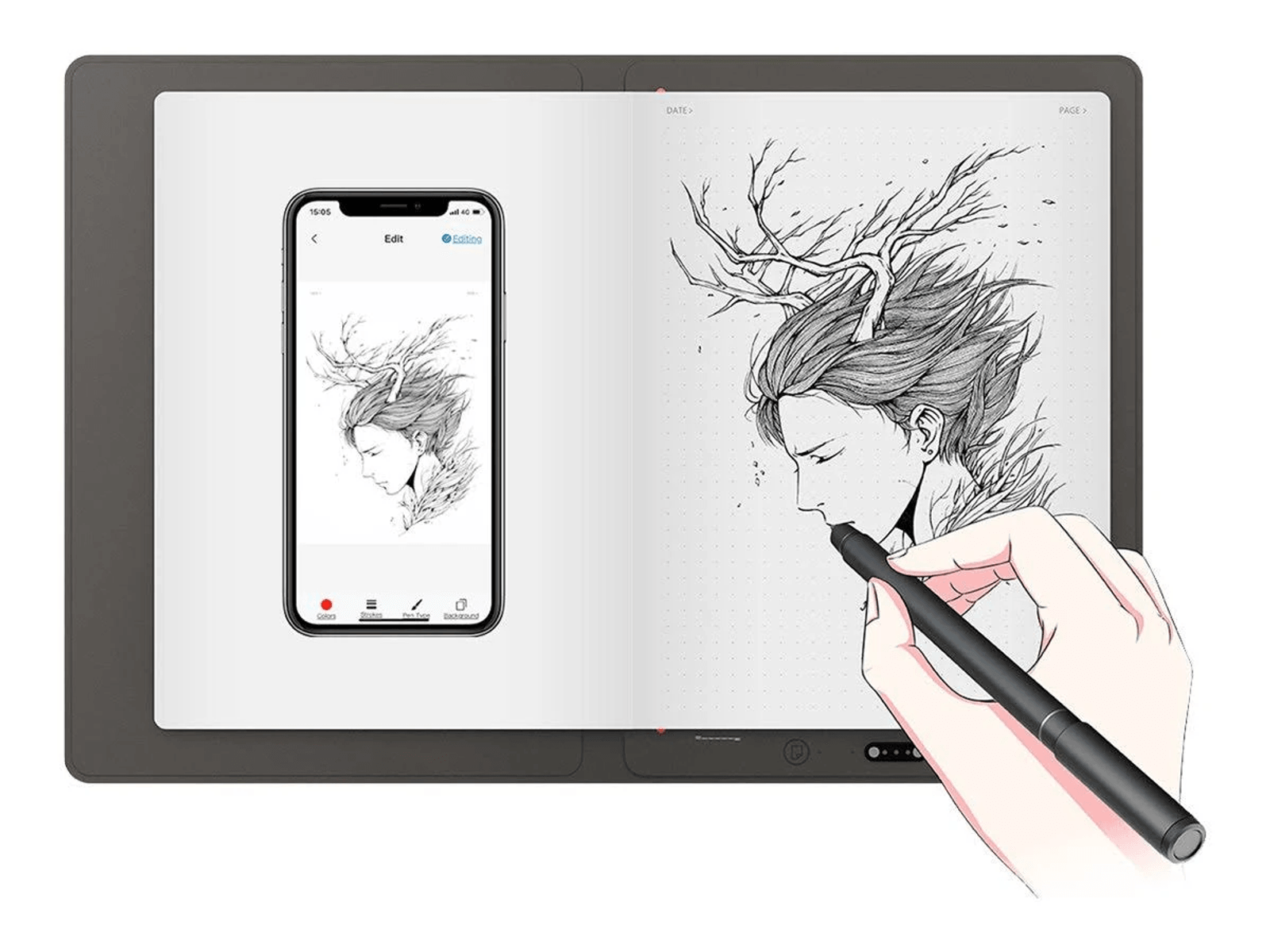 Un lápiz óptico dibuja un retrato de anime con astas en un cuaderno digital.
