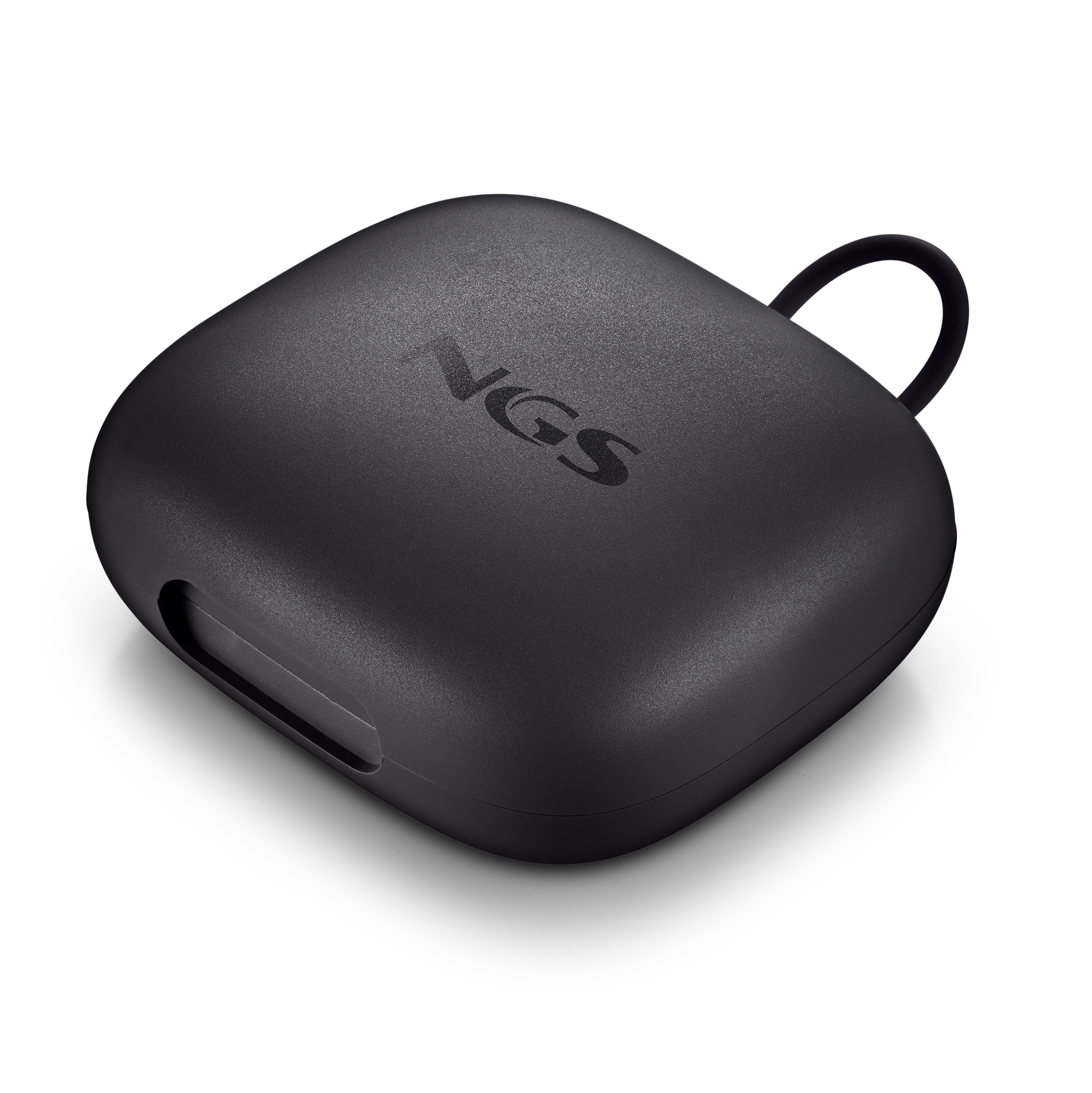 Un estuche de carga cuadrado y negro con un logo negro.