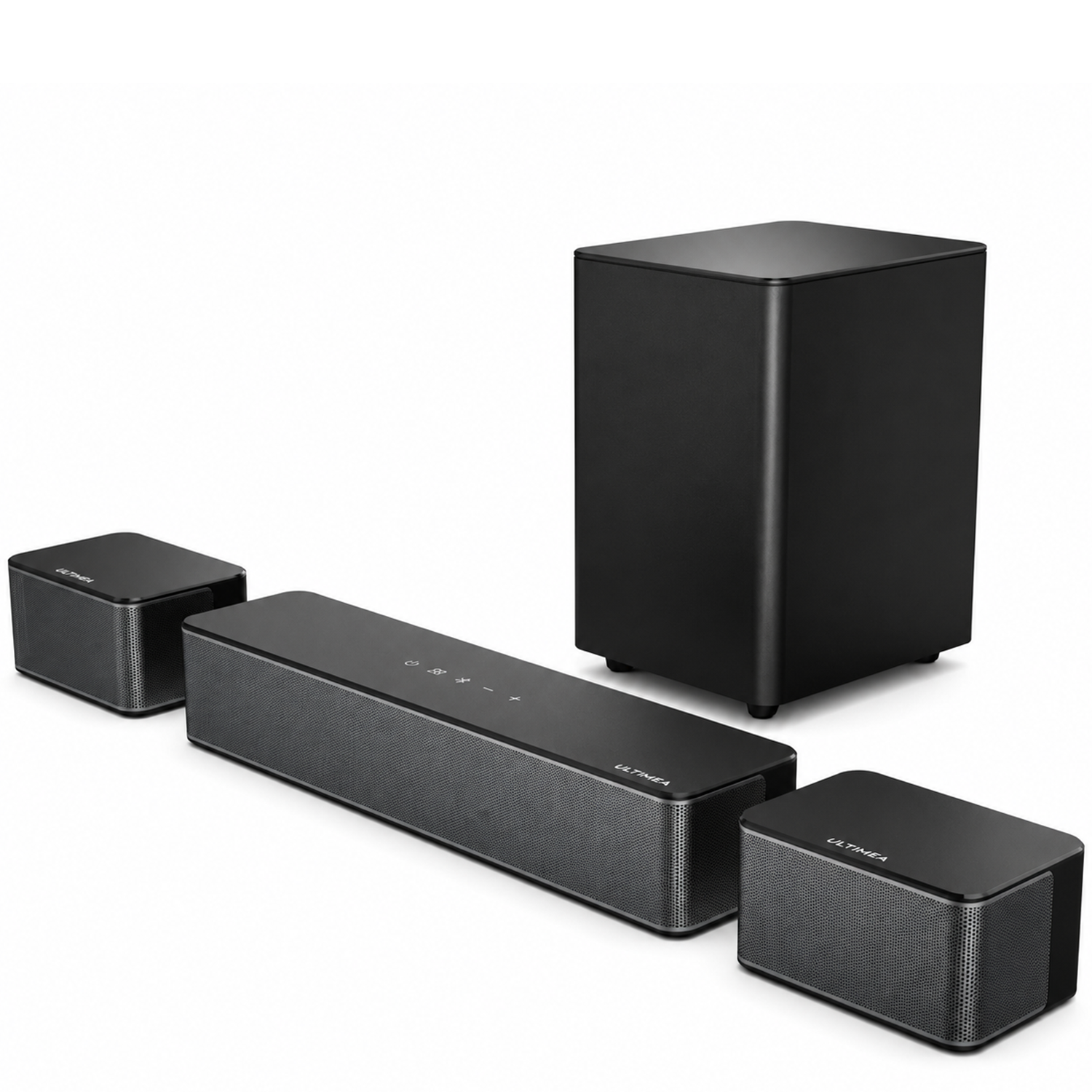 Ein schwarzes Lautsprechersystem mit einem langen Center-Lautsprecher, zwei kleineren Lautsprechern und einem Subwoofer.