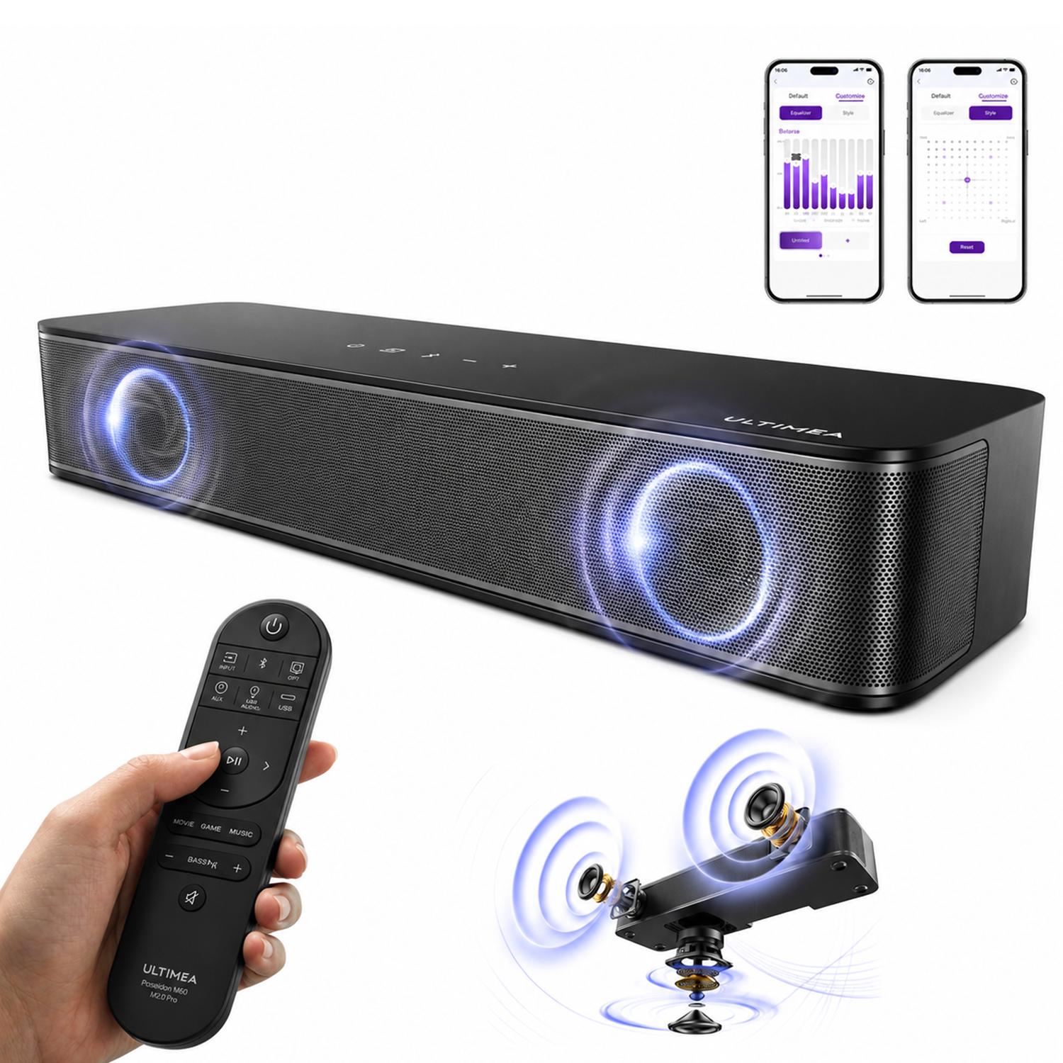 Schwarzer Soundbar mit Fernbedienung und zwei Smartphone-Screens, die EQ-Einstellungen zeigen.