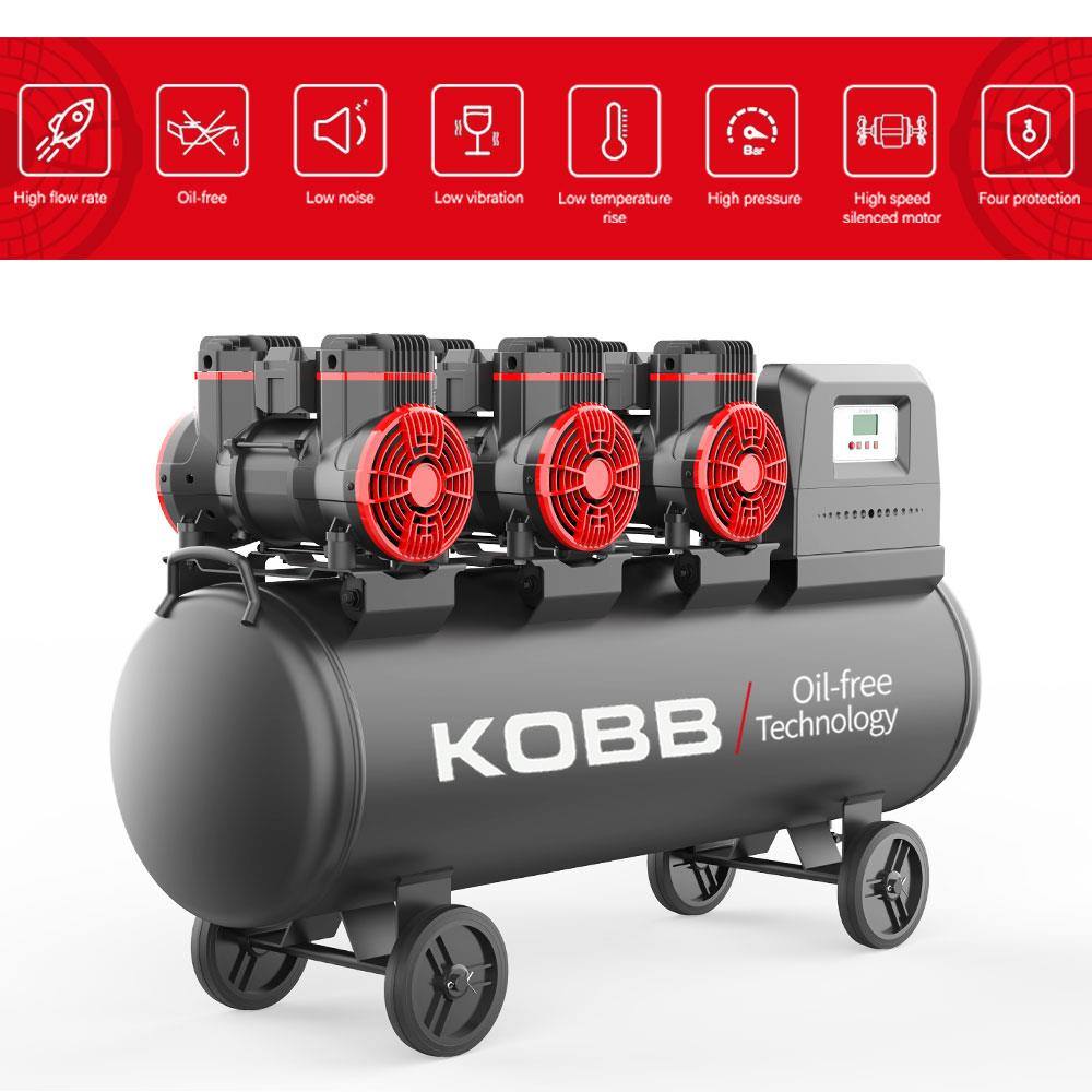 Kırmızı fanlı ve gümüş ekranlı siyah hava kompresörü. KOBB logosu.