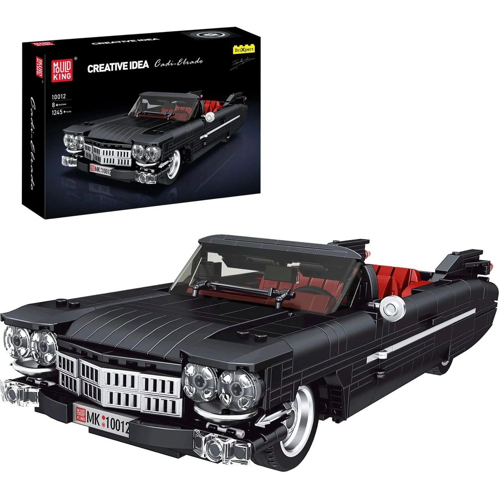 Czarny model samochodu LEGO Cadillac Eldorado z czerwonym wnętrzem i pudełkiem.