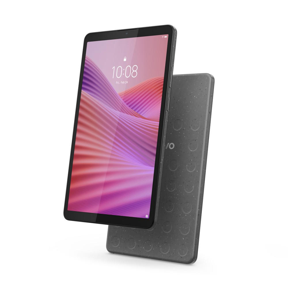 Szary tablet z tapetą w kolorze różowym i fioletowym. Tył ma wzór kół.