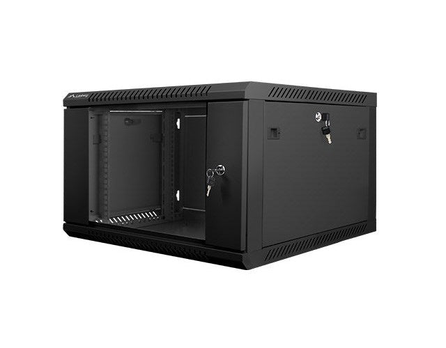 Un armario de rack negro con una puerta abierta y llaves.