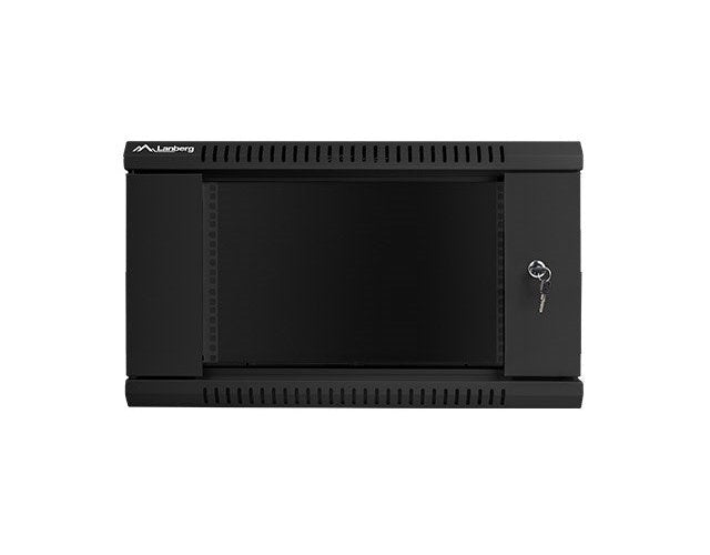 Un rack Lanberg negro con rejillas de ventilación y cerradura de llave.