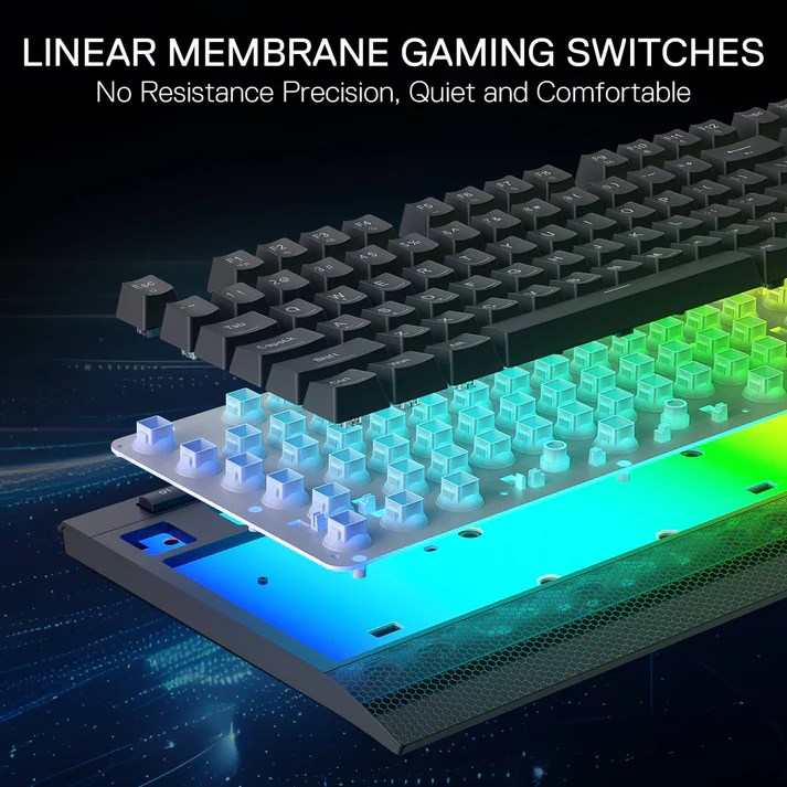 Tuşların altındaki renkli RGB aydınlatmalı siyah klavyenin patlatılmış görünümü.