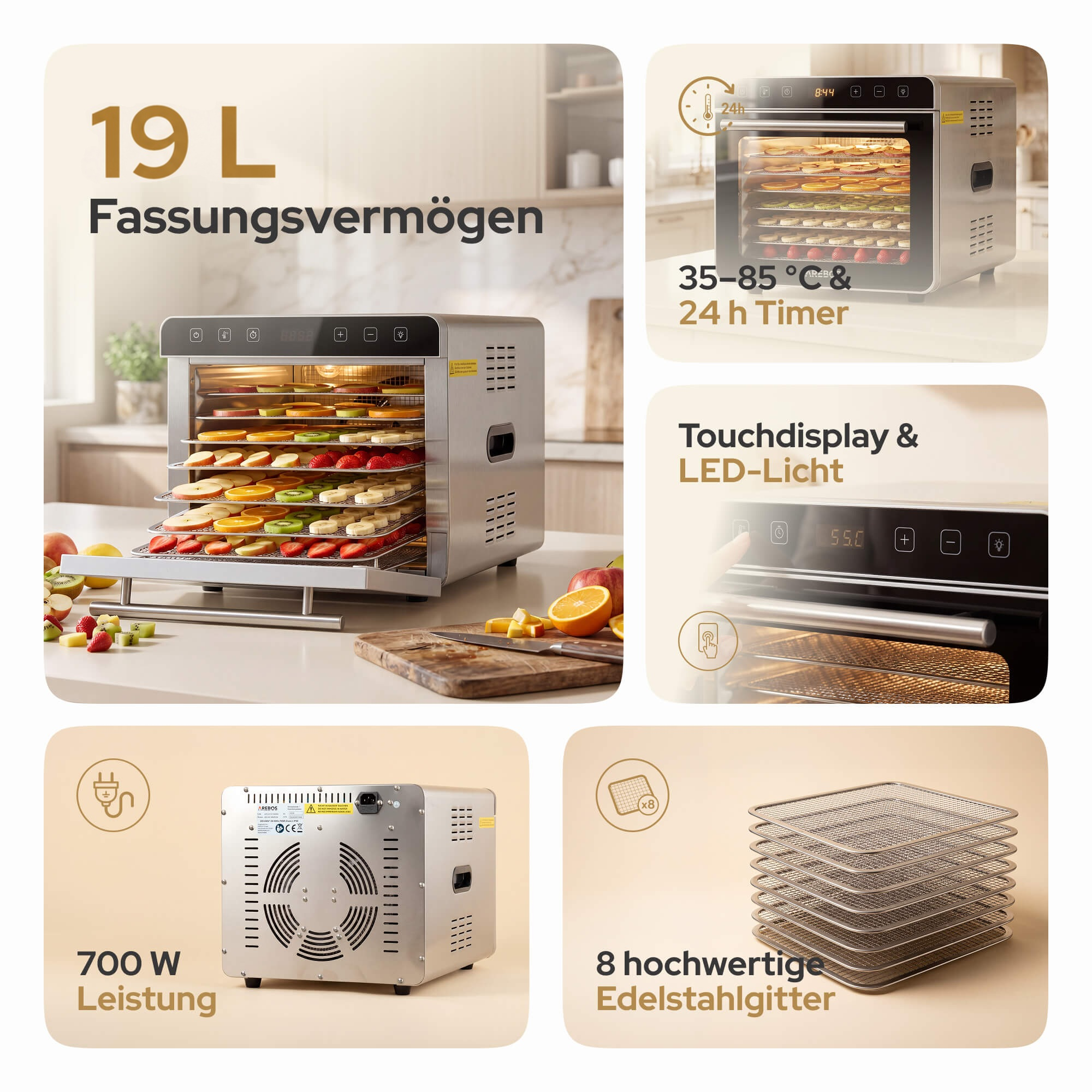 Edelstahldörrgerät mit 19L Kapazität, 700W Leistung, Touchdisplay & 8 Gittern.