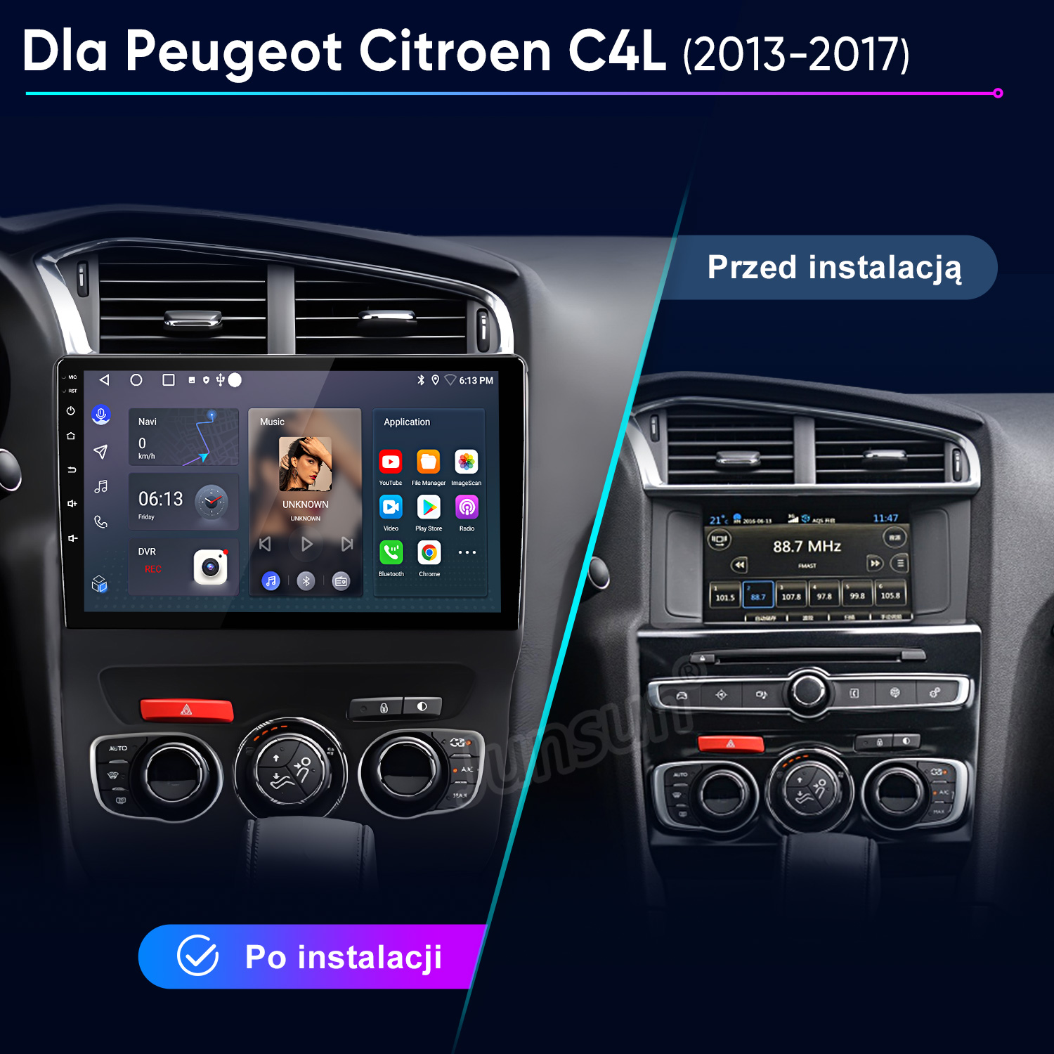 Porównanie dwóch systemów radiowych w samochodzie: przed i po instalacji w Peugeot Citroen C4L.