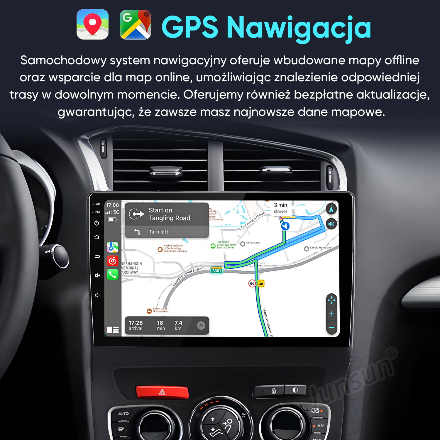 Samochodowy system nawigacji z mapą i wskazówkami trasy.
