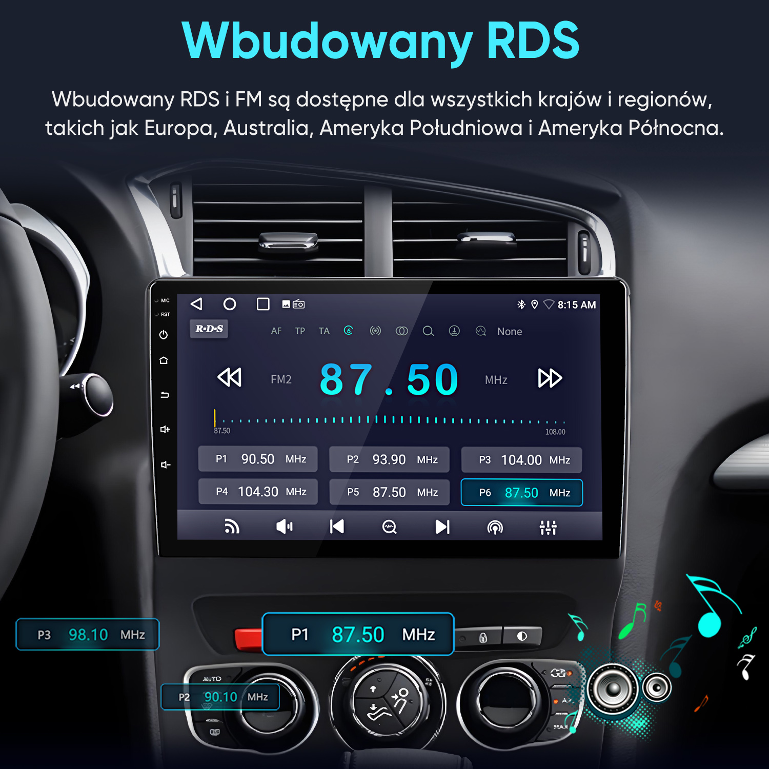 Ekran radia samochodowego wyświetla informacje RDS i stacje.