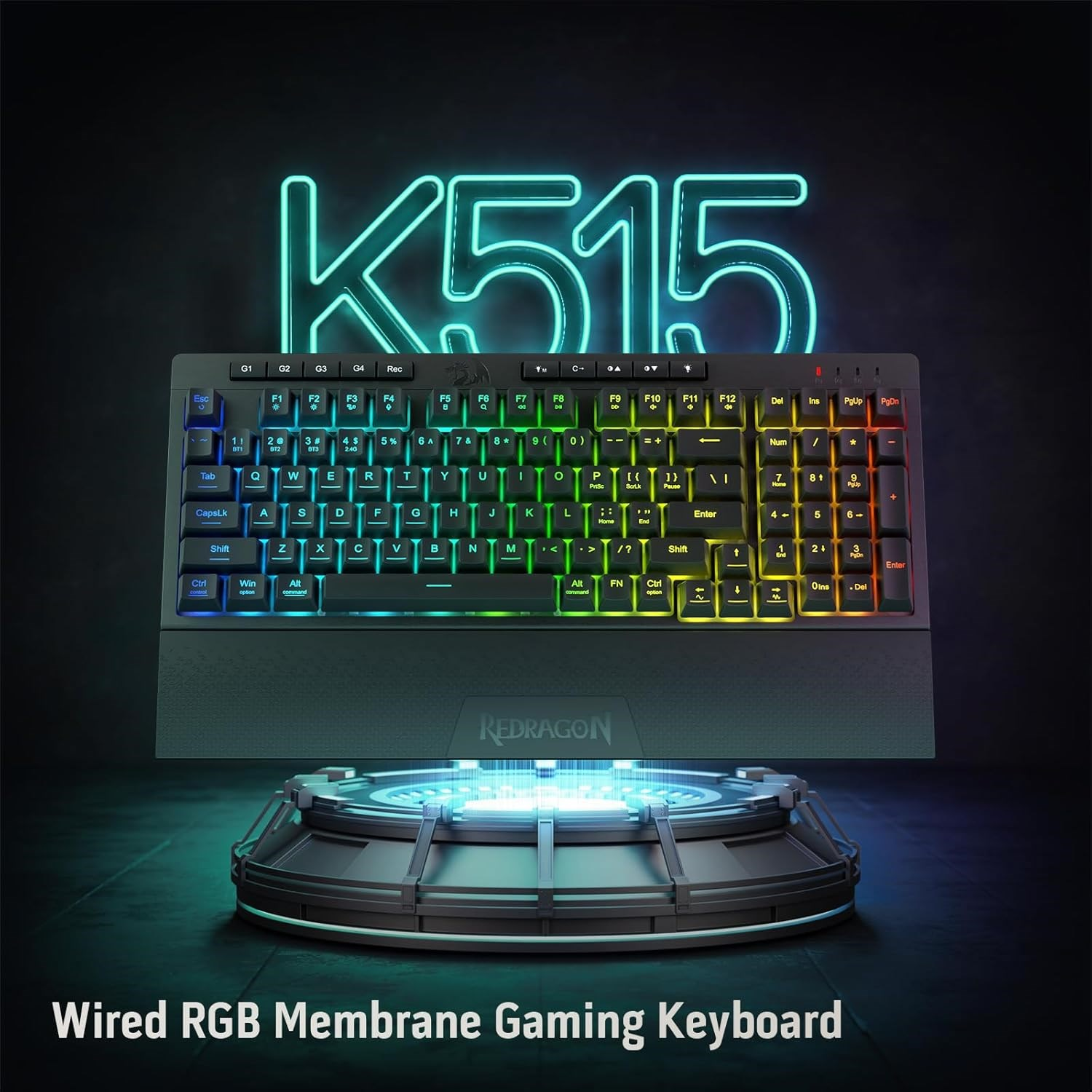 RGB aydınlatmalı siyah Redragon K515 oyuncu klavyesi fütüristik bir stant üzerinde duruyor.