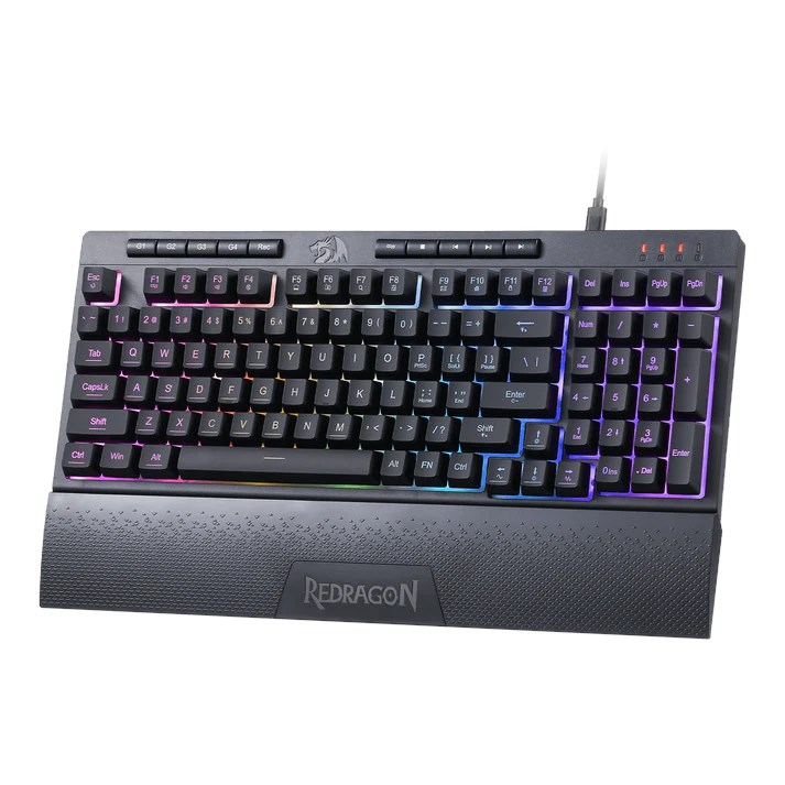 RGB aydınlatmalı siyah bir Redragon klavye yukarıdan görünümüyle gösterilmektedir.