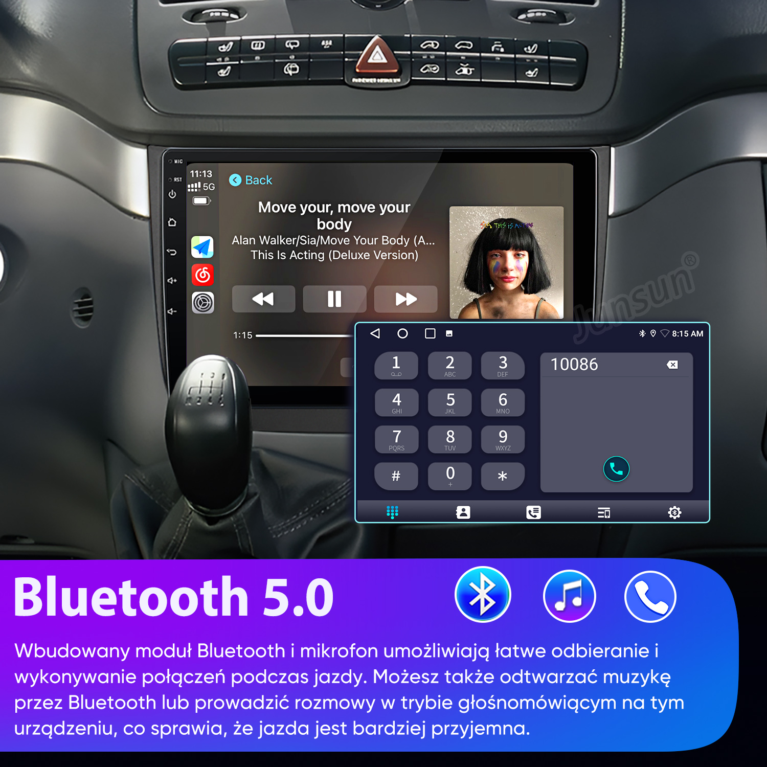 Ekran multimediów samochodowych pokazuje odtwarzacz i klawiaturę. Bluetooth 5.0.