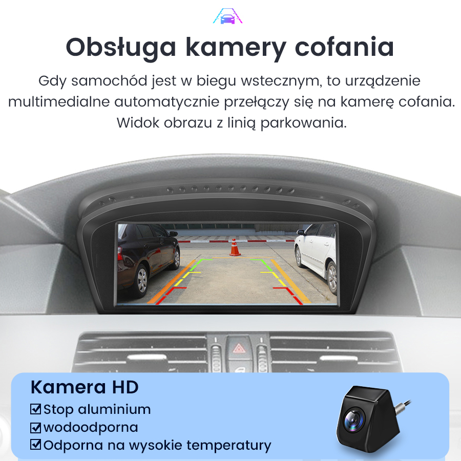 Wyświetlacz kamery cofania w samochodzie z liniami parkowania i małą kamerą.