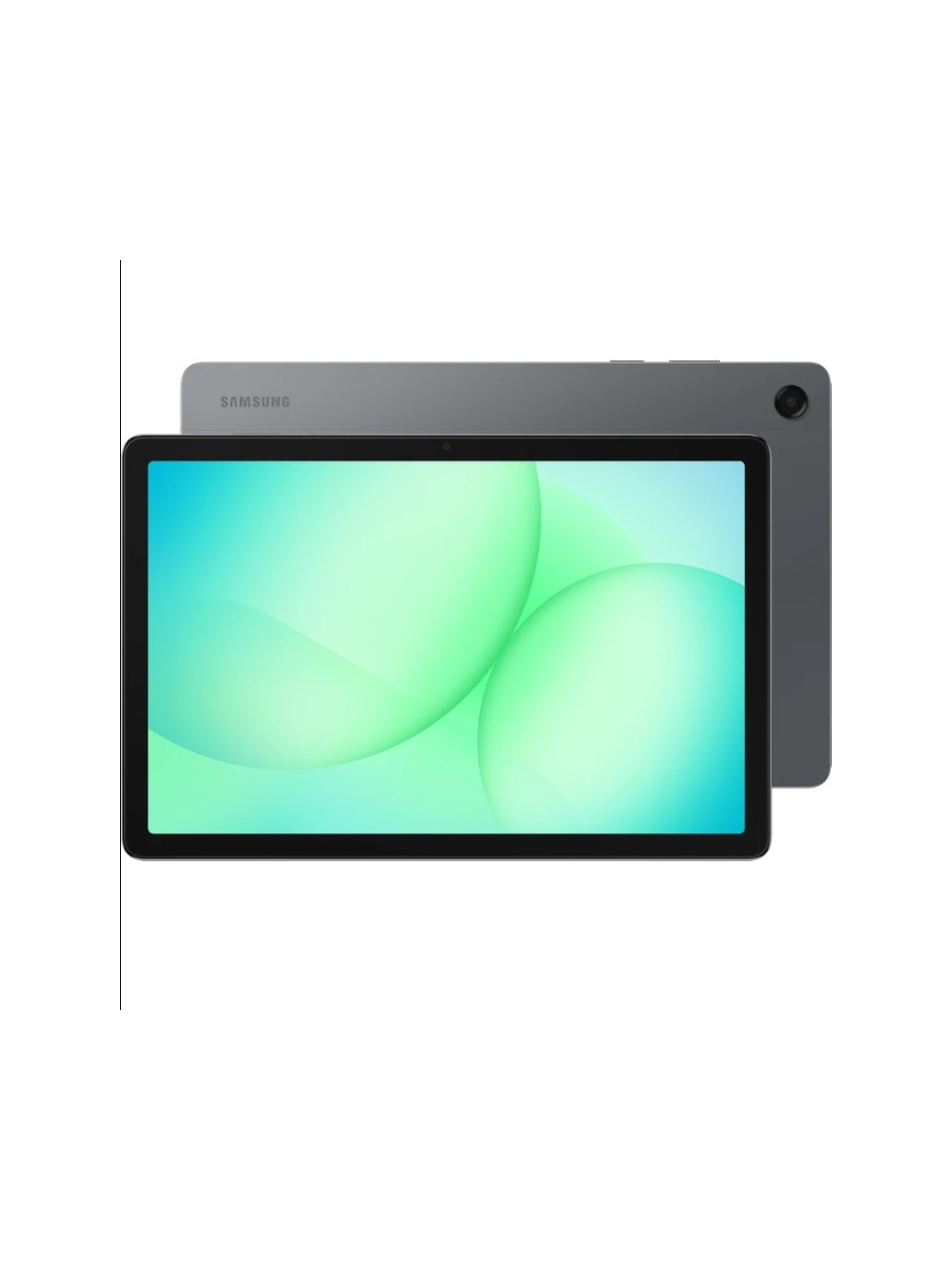 Beyaz zeminde yeşil duvar kağıtlı gri Samsung tablet.