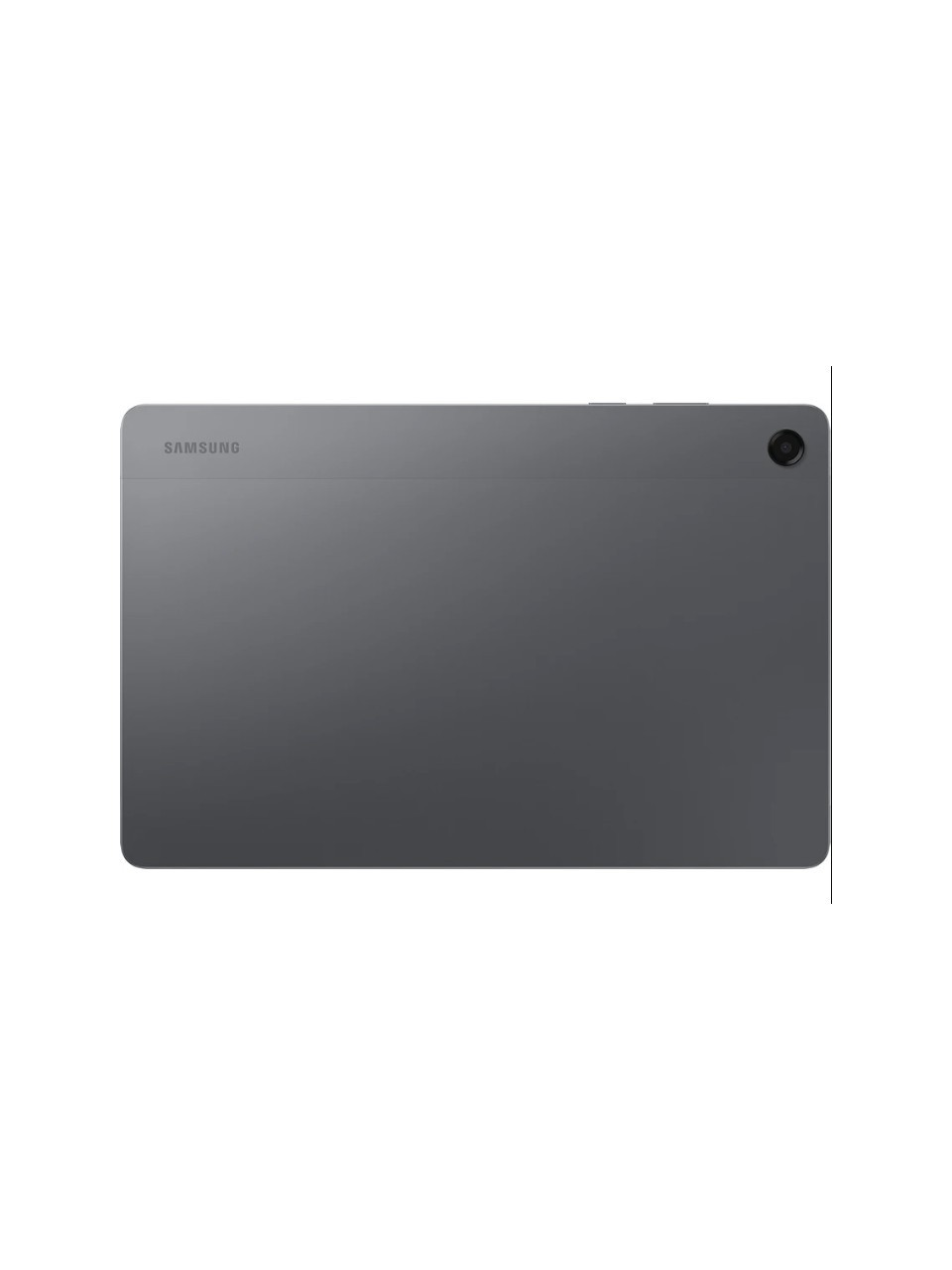 Sağ üstte kamera lensi olan koyu renkli Samsung tabletin arkası.