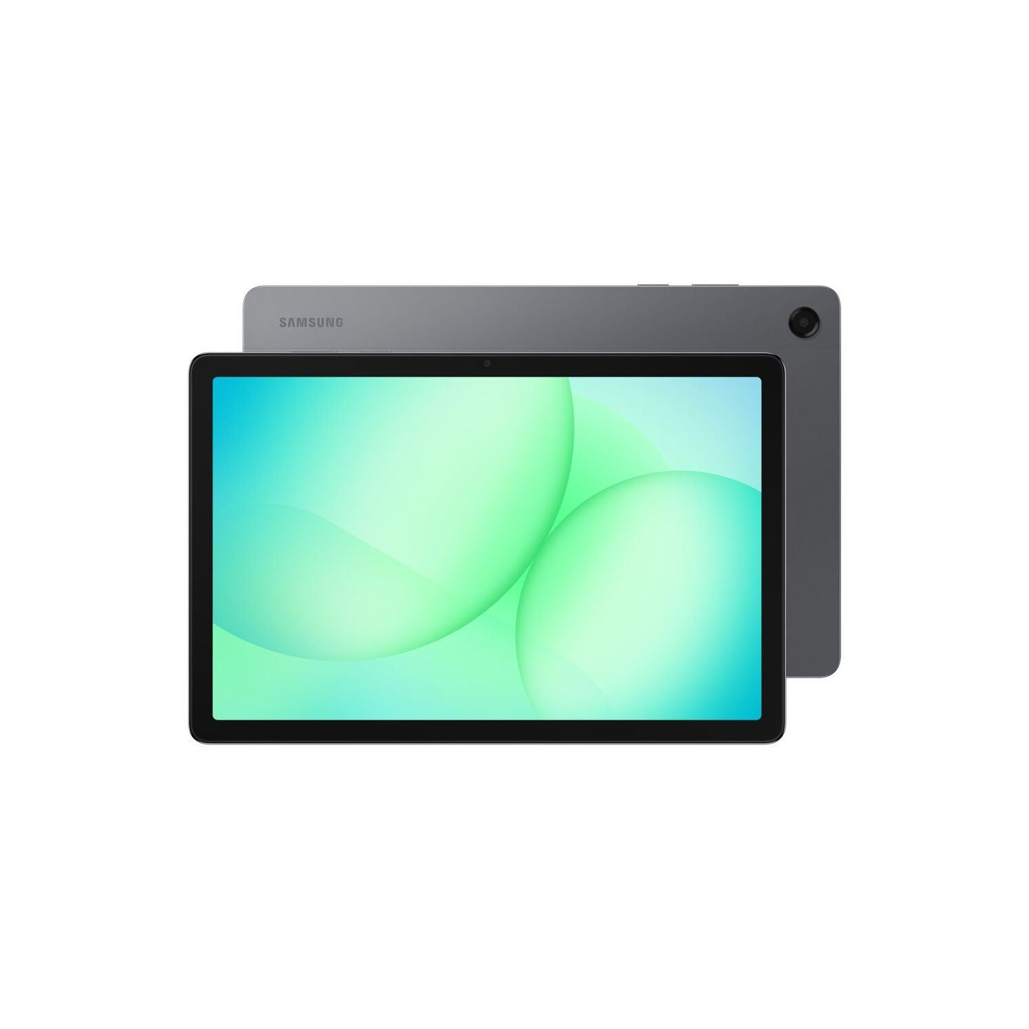Mavi-yeşil arka plan görüntüsü olan gri Samsung tablet.