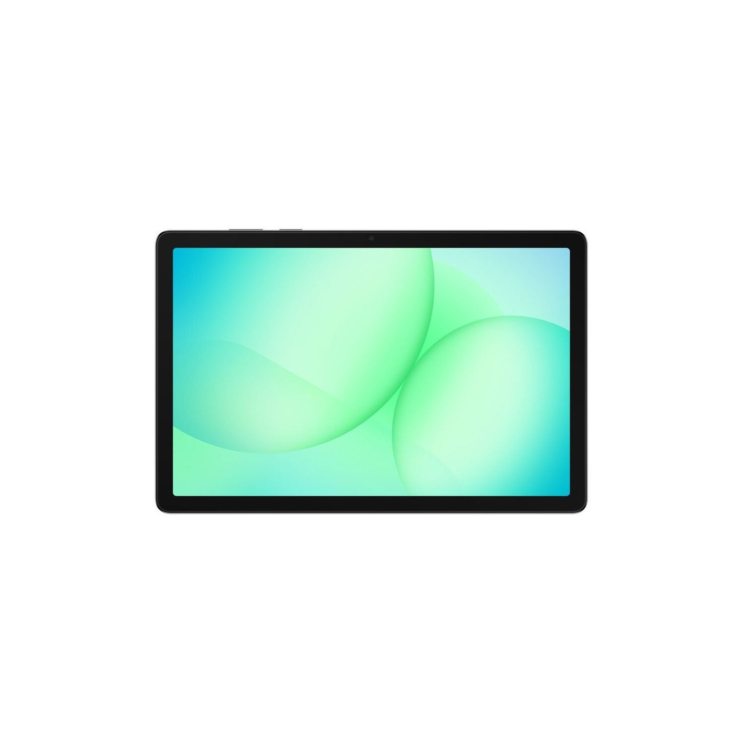 Beyaz küreler içeren mavi-yeşil duvar kağıdı gösteren siyah bir tablet.