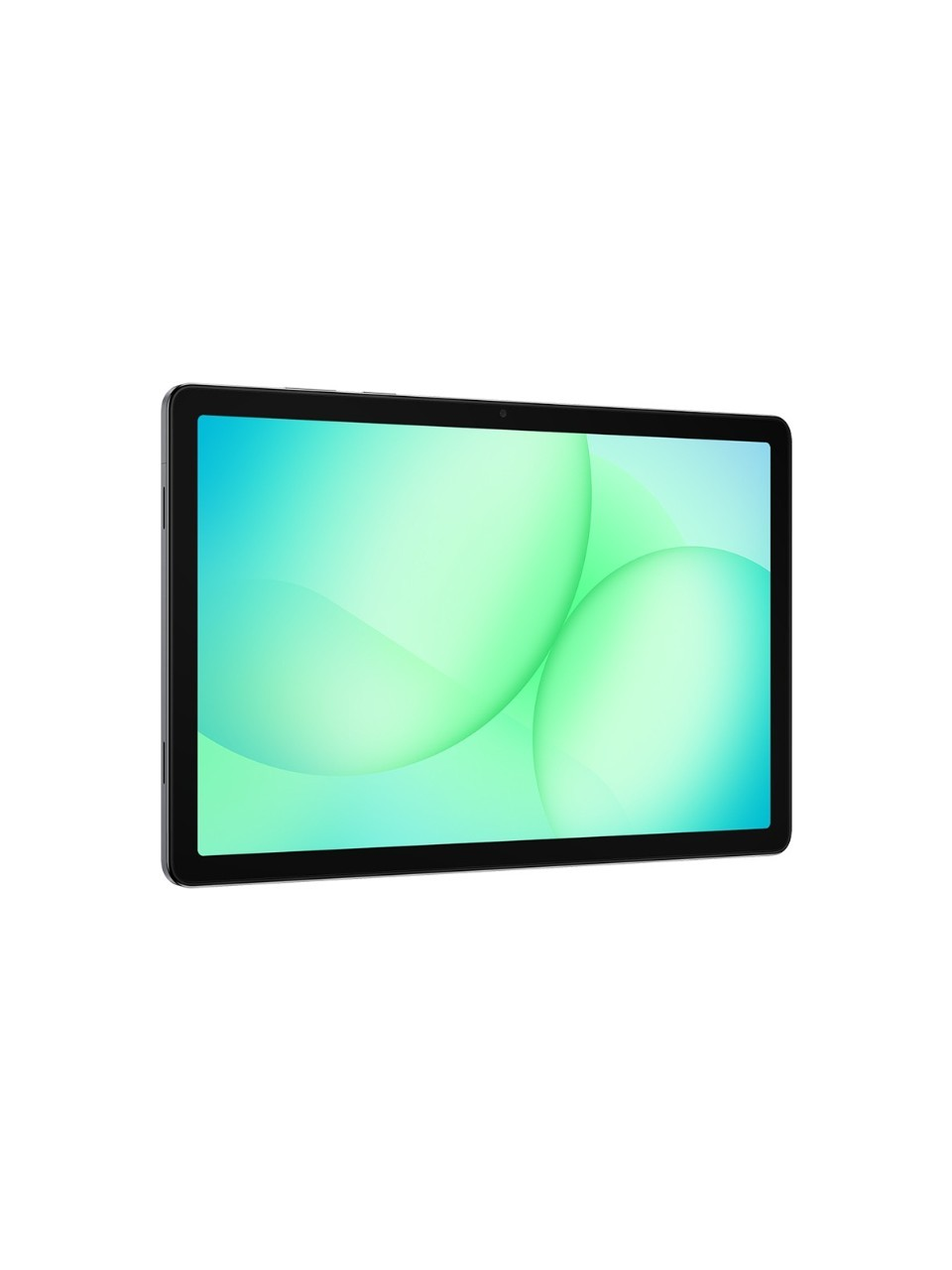 Ekranında yeşil ve turkuaz arka plan gösteren siyah bir tablet.
