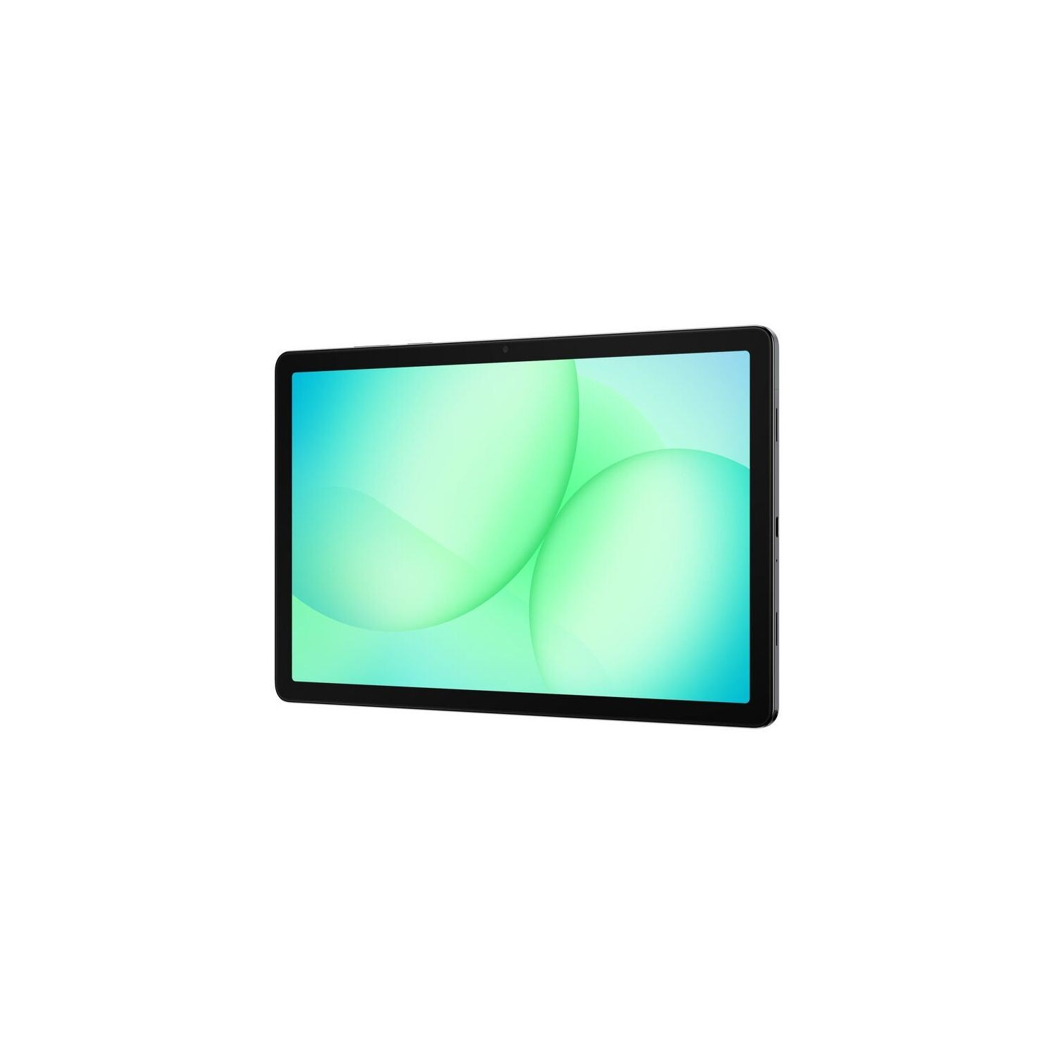 Soyut turkuaz ve yeşil arka plana sahip siyah bir tablet.