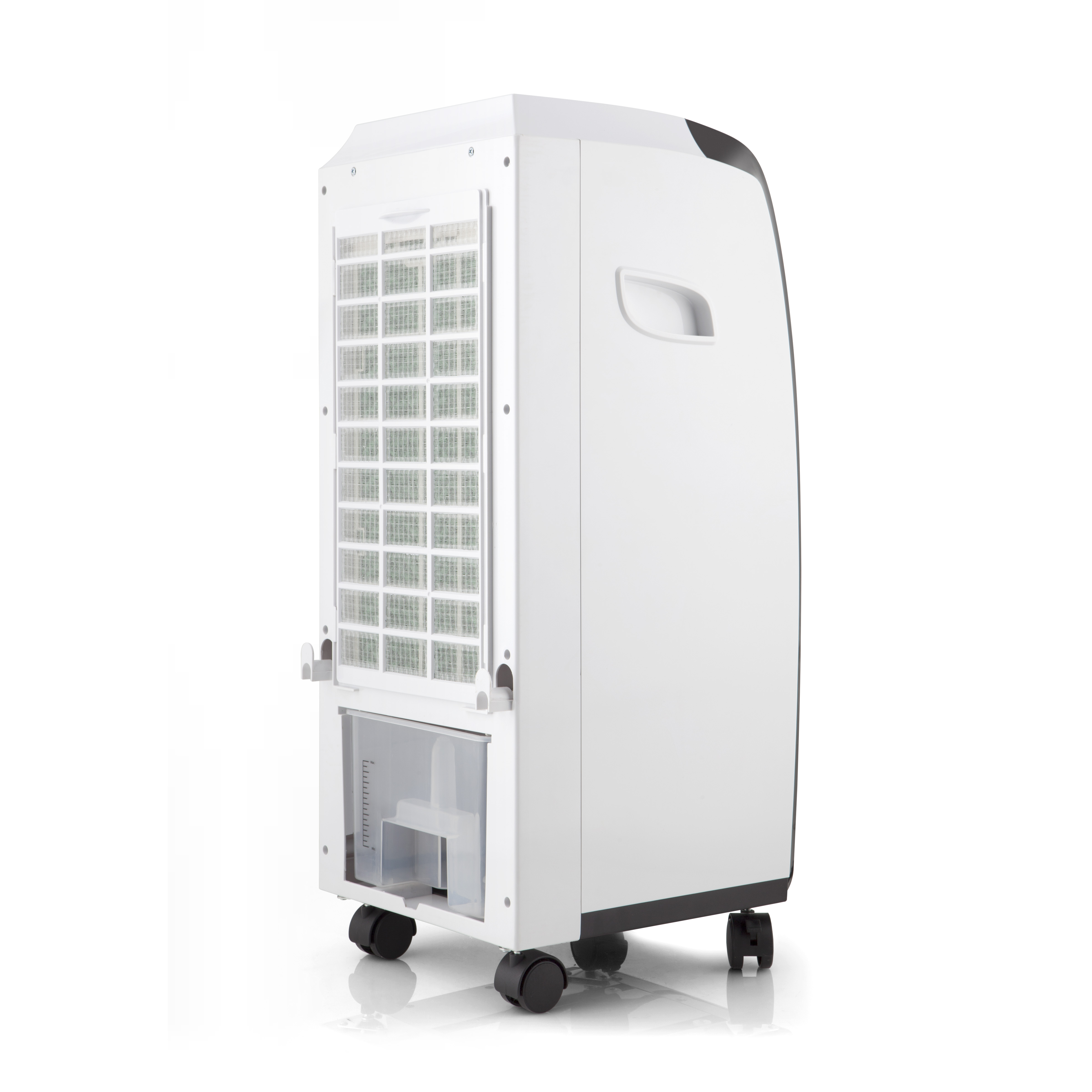 Raffrescatore portatile bianco con serbatoio acqua e filtri posteriori.